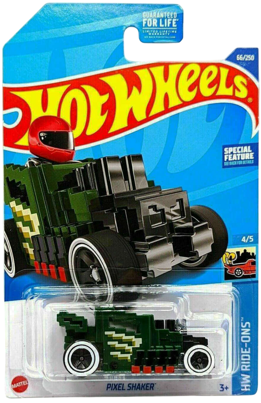Hot Wheels 2022 - Collector # 066/250 - HW Ride-Ons 4/5 - Treasure Hunts - Pixel Shaker - Green / Circle Flame Logo on Lower Sides - White Walls on 5 Spokes - USA Card