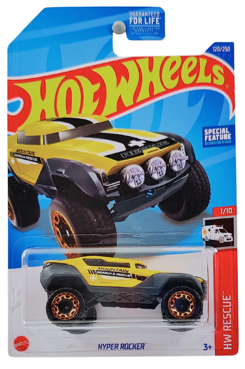 Hot Wheels 2022 - Collector # 120/250 - HW Rescue 1/10 - Hyper Rocker - Yellow & Black / 'Mountain Search & Rescue' - USA Card