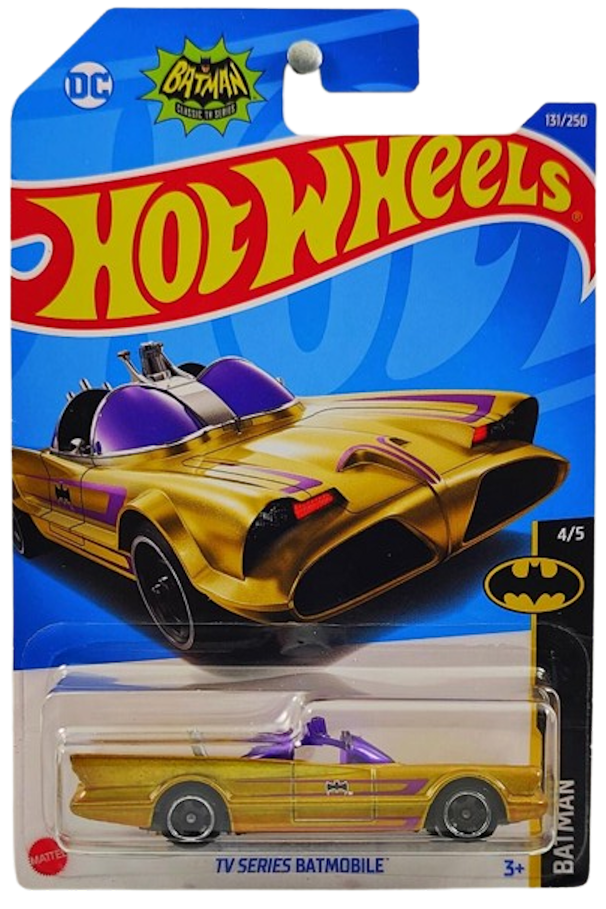 Hot Wheels 2022 - Collector # 131/250 - Batman 4/5 - TV Series Batmobile - Gold Metallic / Purple Accents - Retro Slot Wheels - International 'DC Batman' Card