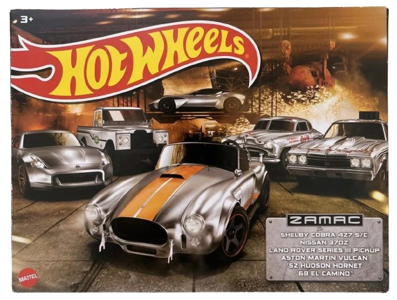 Hot Wheels 2023 - Theme Multipack / ZAMAC - Shelby Cobra 427 S/C / Nissan 370Z / Land Rover Series III Pickup / Aston Martin Vulcan / '52 Hudson Hornet / '68 El Camino - All ZAMACs - All Basic Wheels - Box Set 6 Vehicles