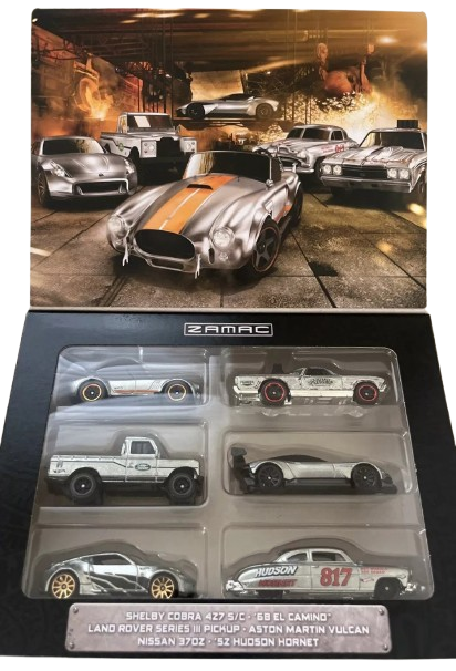 Hot Wheels 2023 - Theme Multipack / ZAMAC - Shelby Cobra 427 S/C / Nissan 370Z / Land Rover Series III Pickup / Aston Martin Vulcan / '52 Hudson Hornet / '68 El Camino - All ZAMACs - All Basic Wheels - Box Set 6 Vehicles