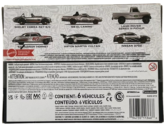 Hot Wheels 2023 - Theme Multipack / ZAMAC - Shelby Cobra 427 S/C / Nissan 370Z / Land Rover Series III Pickup / Aston Martin Vulcan / '52 Hudson Hornet / '68 El Camino - All ZAMACs - All Basic Wheels - Box Set 6 Vehicles