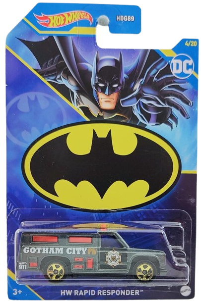 Hot Wheels 2023 - Theme / Mix 1 / Batman Series 04/20 / Gotham City - HW Rapid Responder - Metalflake Gray - Gold 5 Spoke Wheels - DC Comics Card