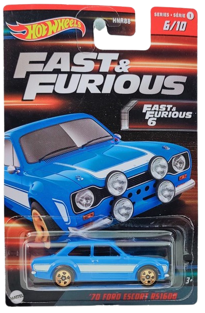 Hot Wheels 2023 - Theme / Fast & Furious Series 1 / Fast & Furious 6 # 6/10 - '70 Ford Escort RS1600 - Blue / White Stripes - Gold 5 Spoke Wheels