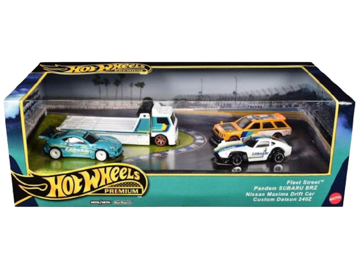 Hot Wheels 2024 - Premium Car Set / GReddy - Custom Datsun 240Z, Nissan Maxima Drift Car, Pandem Subaru BRZ & Fleet Street - 'GReddy' Graphics - Metal/Metal & Real Riders - Diorama Display Box