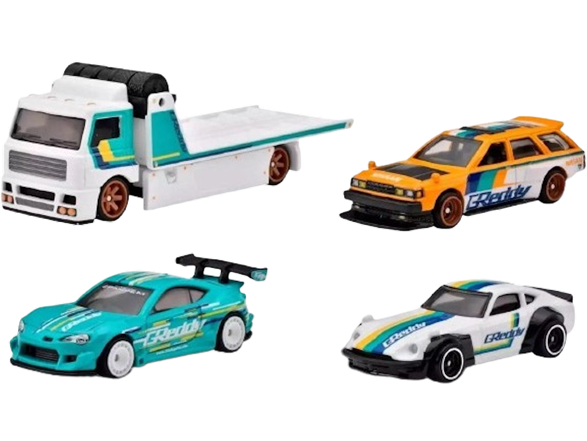 Hot Wheels 2024 - Premium Car Set / GReddy - Custom Datsun 240Z, Nissan Maxima Drift Car, Pandem Subaru BRZ & Fleet Street - 'GReddy' Graphics - Metal/Metal & Real Riders - Diorama Display Box