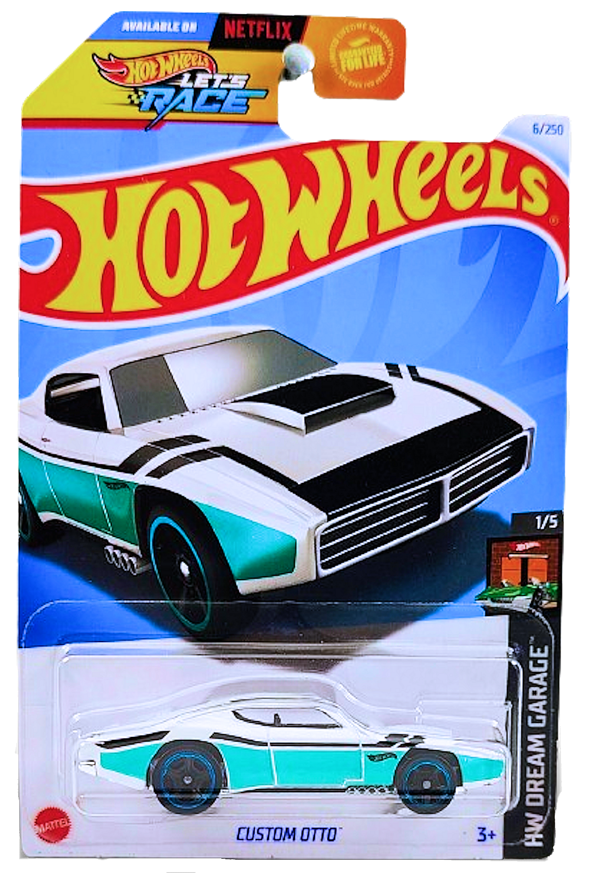 Hot Wheels 2024 - Collector # 006/250 - HW Dream Garage 01/05 - Custom Otto - White - Black & Aqua Stripes - M5 Wheels - USA Card