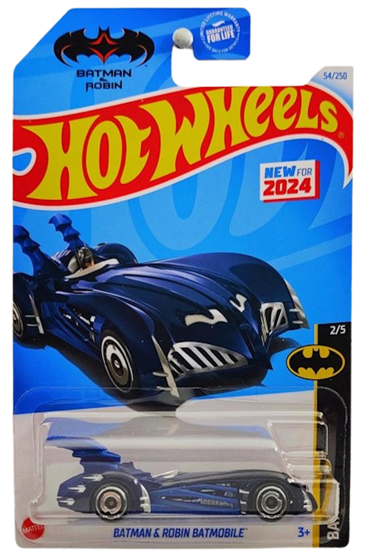 Hot Wheels 2024 - Collector # 054/250 - Batman Series 2/5 - New Models - Batman & Robin Batmobile - Metalflake Midnight Blue - Aero Disc Wheels - USA Card