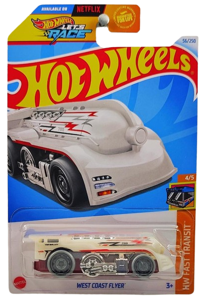 Hot Wheels 2024 - Collector # 056/250 - HW Fast Transit 4/5 - West Coast Flyer - White - USA 'LET'S RACE' Card