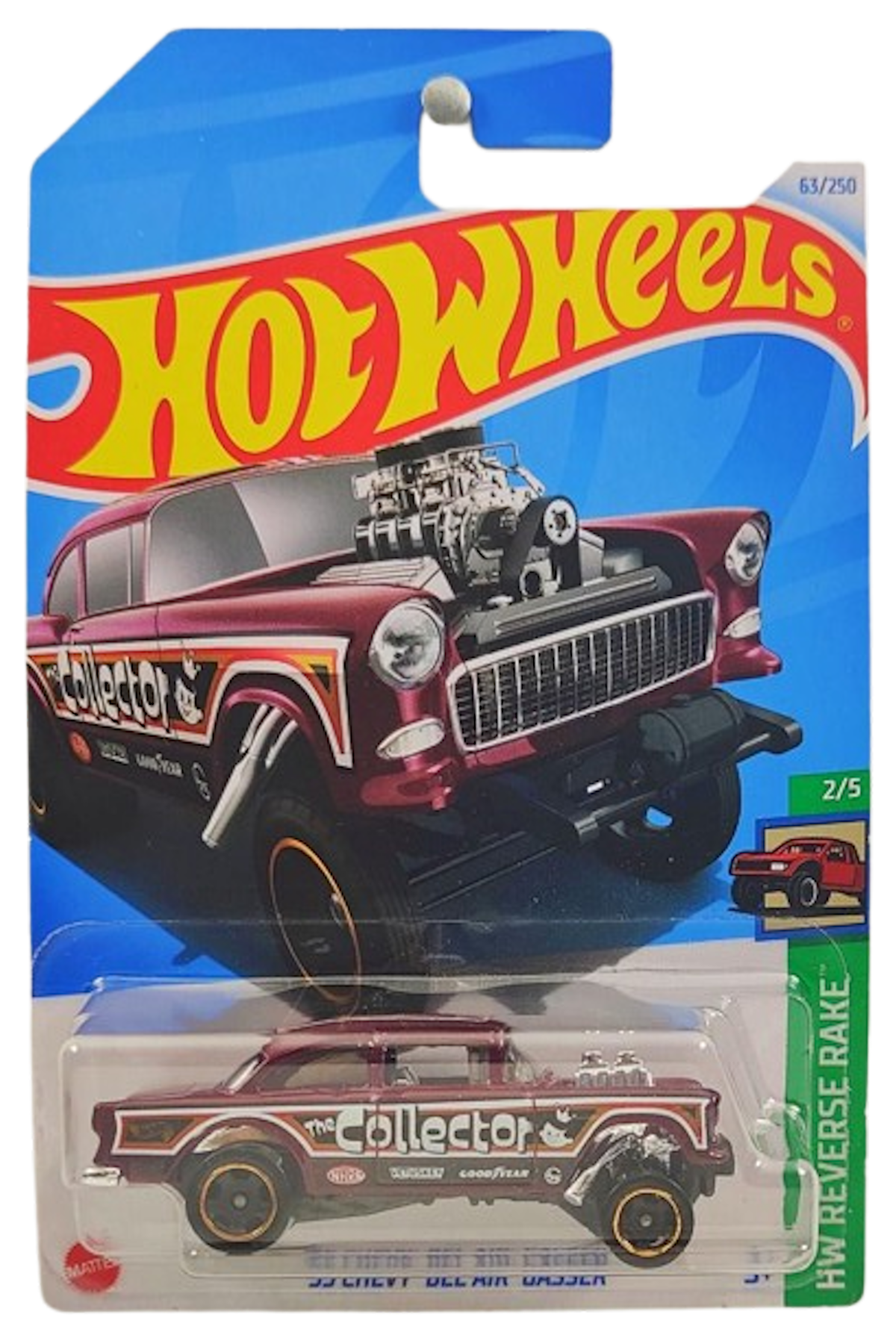 Hot Wheels 2024 - Collector # 063/250 - HW Reverse Rake 2/5 - '55 Chevy Bel Air Gasser - Metalflake Maroon / Collector - Ringed Black RSW - IC
