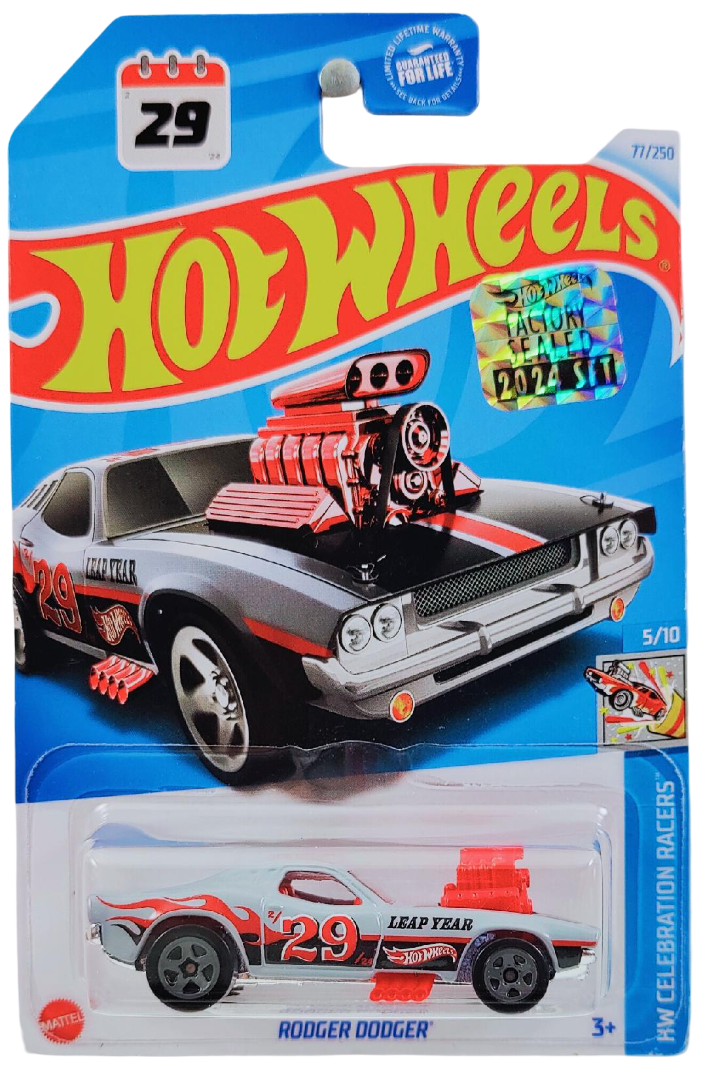 Hot Wheels 2024 - Collector # 077/250 - HW Celebration Racers 5/10 - Rodger Dodger - Gray / #29 / Leap Year - USA Card with Factory Set Sticker