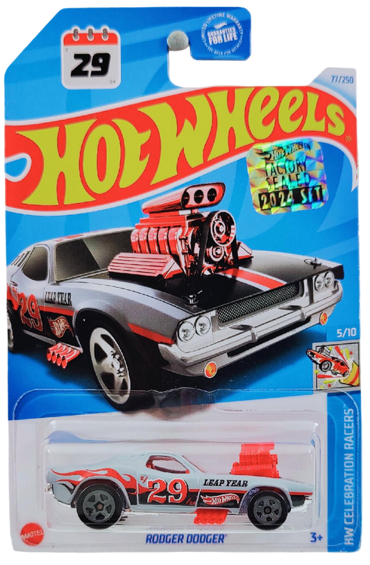 Hot Wheels 2024 - Collector # 077/250 - HW Celebration Racers 5/10 - Rodger Dodger - Gray / #29 / Leap Year - USA Card with Factory Set Sticker