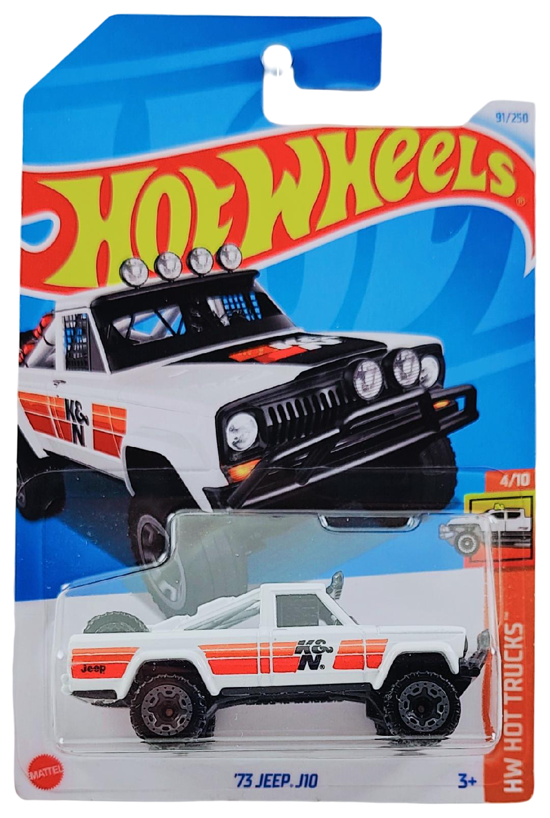 Hot Wheels 2024 - Collector # 091/250 - HW Hot Trucks 4/10 - '73 Jeep J10 - White / K&N Filters - BLOR Wheels - International Card