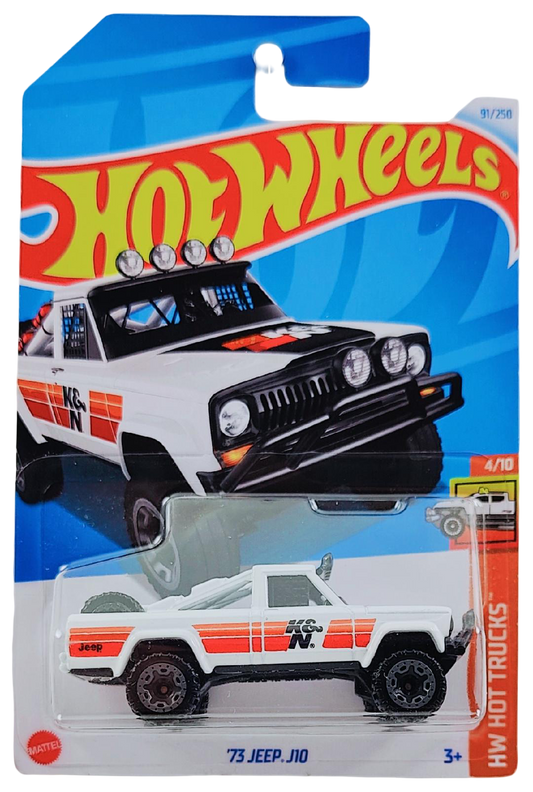Hot Wheels 2024 - Collector # 091/250 - HW Hot Trucks 4/10 - '73 Jeep J10 - White / K&N Filters - BLOR Wheels - International Card