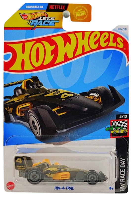 Hot Wheels 2024 - Collector # 101/250 - HW Race Day 4/10 - HW-4-Trac - Olive Drab / #4 - USA 'Let's Race' Card