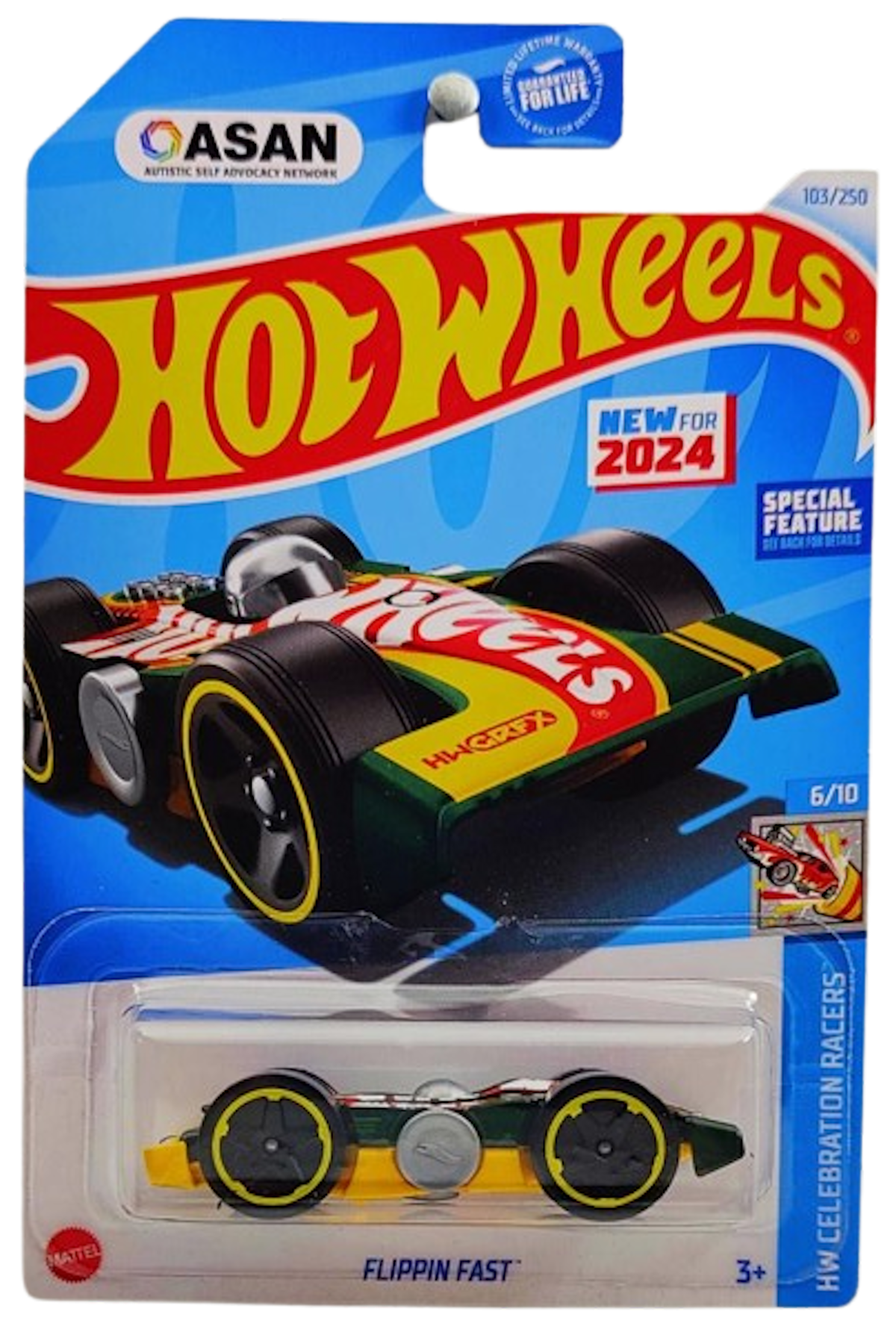 Hot Wheels 2024 - Collector # 103/250 - HW Celebration Racers 06/10 - New Models - Flippin Fast - Dark Green over Yellow - World Autism Awareness Day - USA 'ASAN' Card