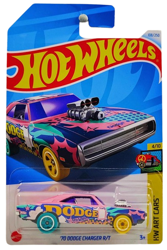 Hot Wheels 2024 - Collector # 108/250 - HW Art Cars 04/10 - '70 Dodge Charger R/T - Pink / 'DODGE' - IC