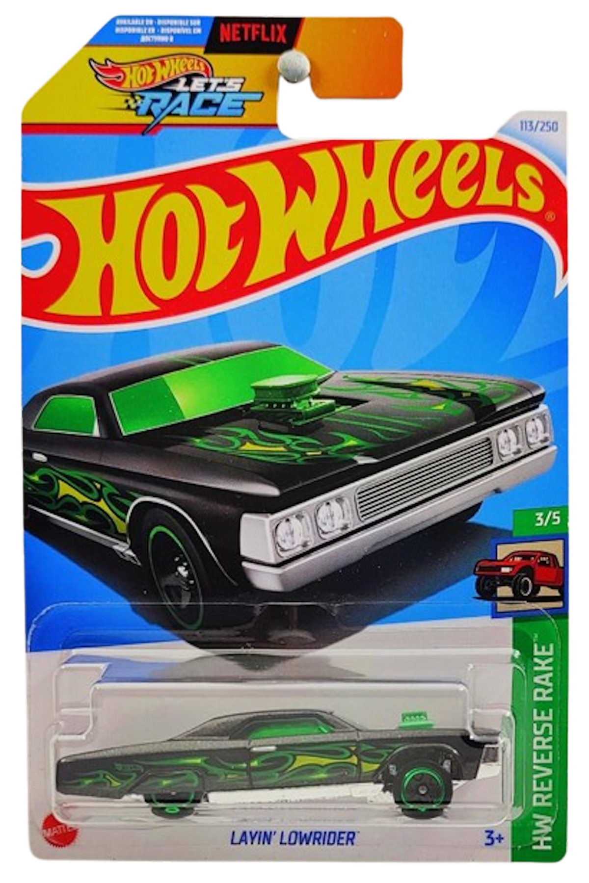 Hot Wheels 2024 - Collector # 113/250 - HW Reverse Rake 03/05 - Layin' Lowrider - Metalflake Black - International 'Let's Race' Card