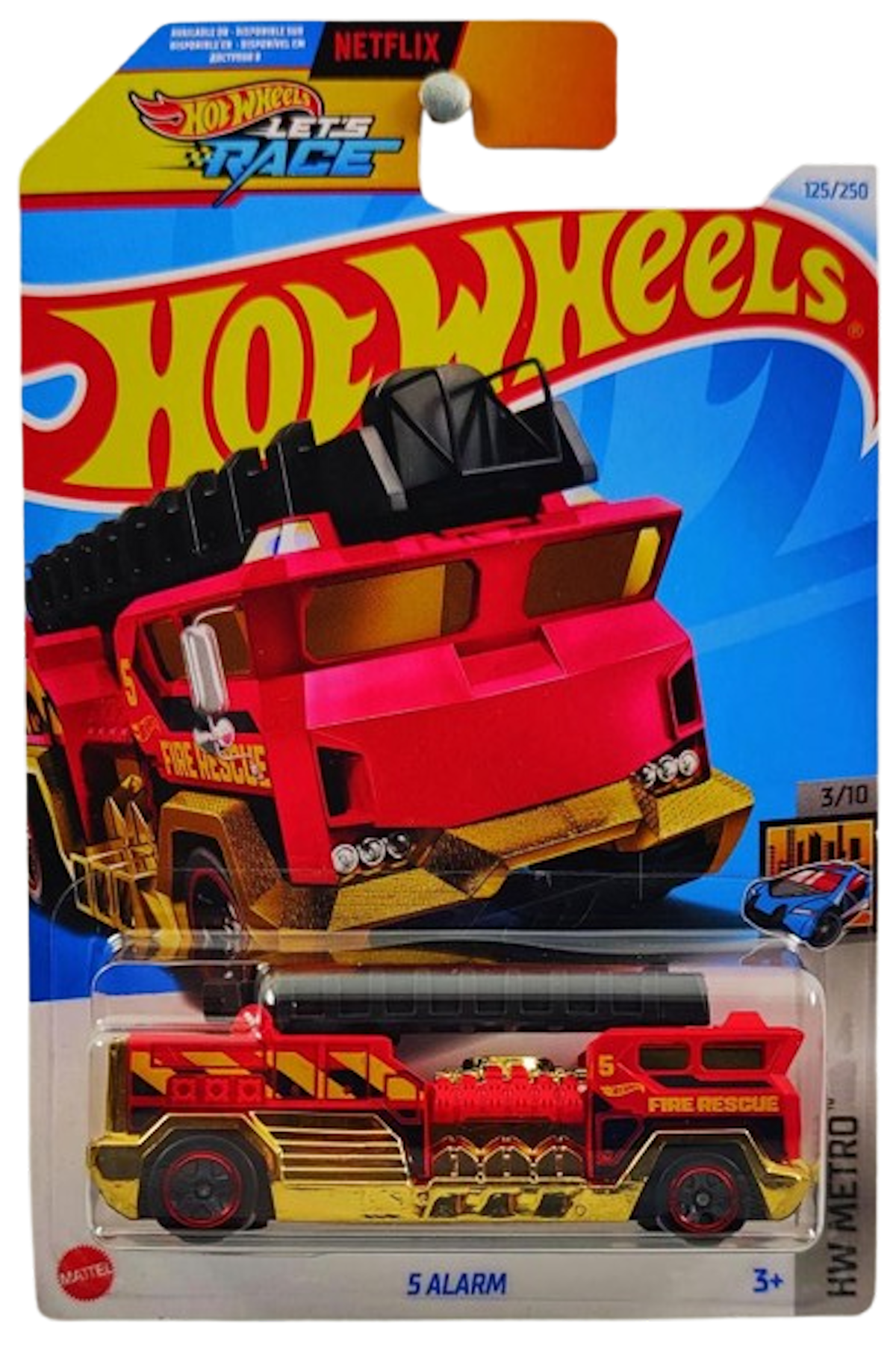 Hot Wheels 2024 - Collector # 125/250 - HW Metro 03/10 - 5 Alarm - Red - 'Fire Rescue' - IC 'Let's Race' Card
