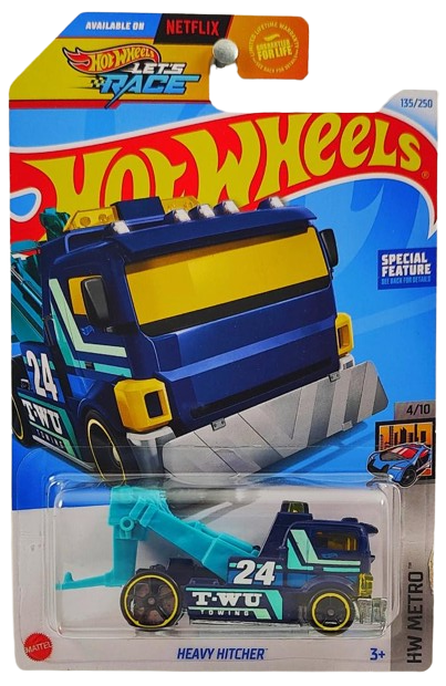 Hot Wheels 2024 - Collector # 135/250 - HW Metro 4/10 - Heavy Hitcher - Dark Blue - '24' / 'TWU Towing' - OH5SP Wheels - USA 'Let's Race' Card