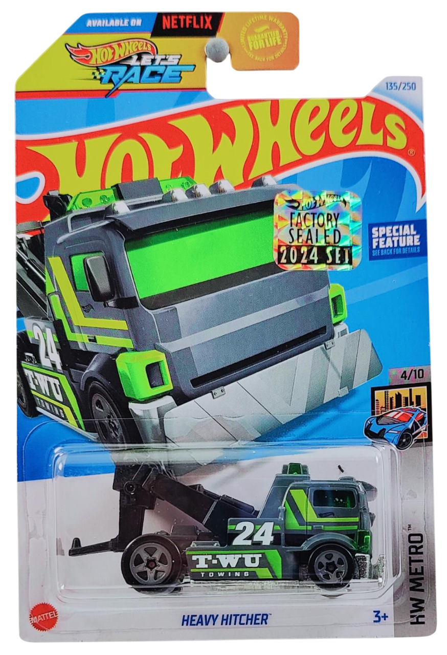 Hot Wheels 2024 - Collector # 135/250 - HW Metro 4/10 - Heavy Hitcher - Gray - '24' / 'TWU Towing' - 5SP Gray Wheels - USA Card with Factory Set Sticker