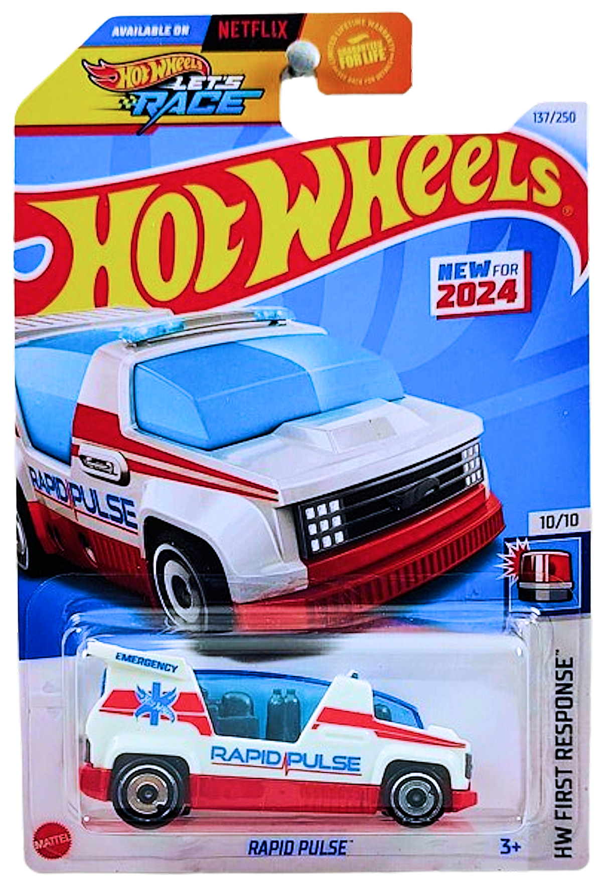 Hot Wheels 2024 - Collector # 137/250 - HW First Response 10/10 - New Models - Rapid Pulse - White - USA 'Let's Race' Card