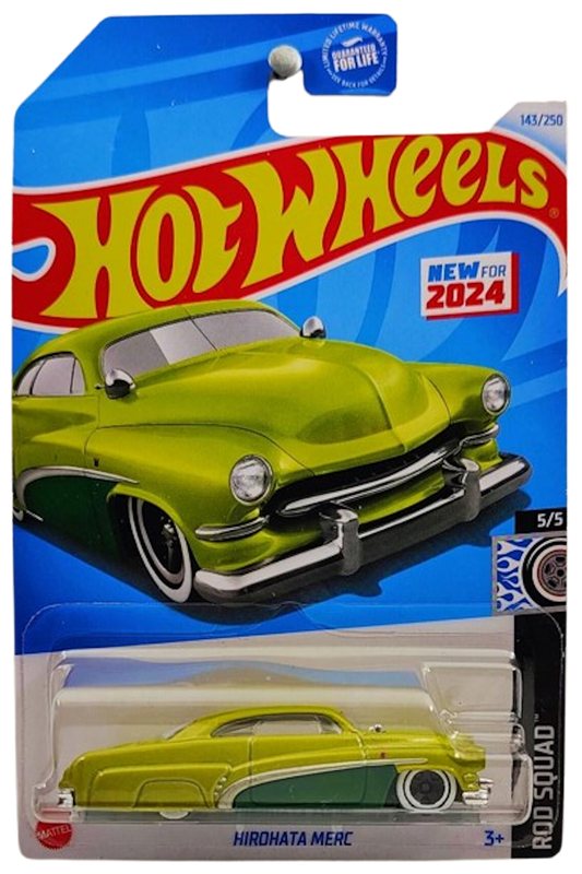 Hot Wheels 2024 - Collector # 143/250 - Rod Squad 5/5 - New Models - Hirohata Merc -  Metalflake Apple Green - White Walls on 5 Spokes - USA Card