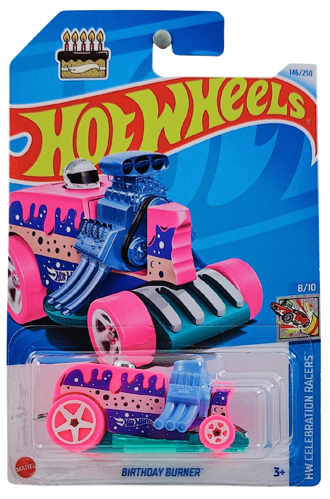 Hot Wheels 2024 - Collector # 146/250 - HW Celebration Racers 8/10 - New Models - Birthday Burner - Pink / Tan & Purple Sides / Teal Metal Base - USA Card