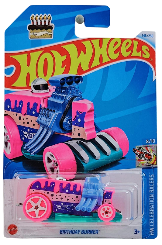 Hot Wheels 2024 - Collector # 146/250 - HW Celebration Racers 8/10 - New Models - Birthday Burner - Pink / Tan & Purple Sides / Teal Metal Base - USA Card