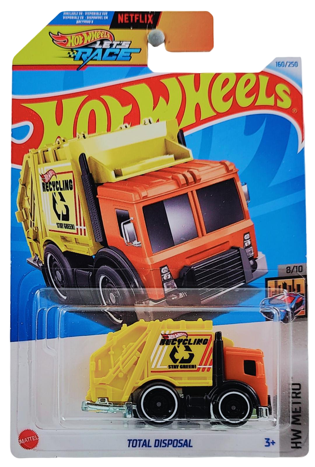 Hot Wheels 2024 - Collector # 160/250 - HW Metro 8/10 - Total Disposal (Garbage Truck) - Orange Cab / Yellow Container - International 'Let's Race' Card