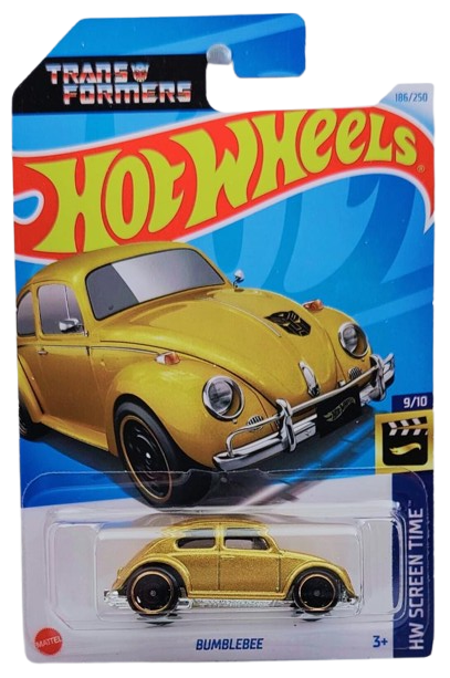 Hot Wheels 2024 - Collector # 186/250 - HW Screen Time 9/10 - Bumblebee (VW Bug) - Metalflake Gold / Transformer Logo on Front Lid - International 'Transformers' Card