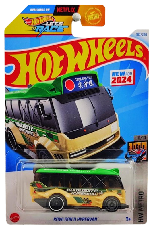 Hot Wheels 2024 - Collector # 187/250 - HW Metro 10/10 - New Models - Kowloon'd Hypervan - Green over Tan - Tinted Windows - USA 'Let's Race Card