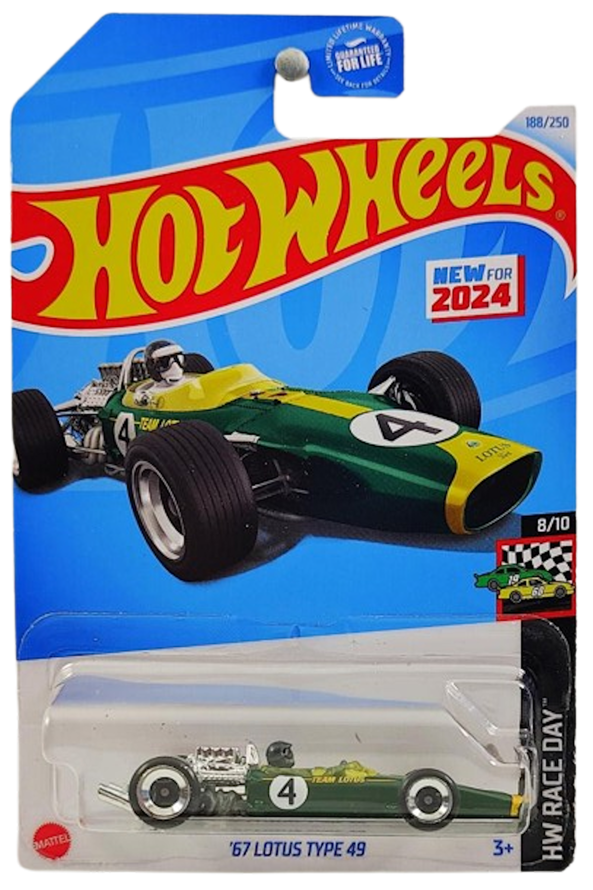 Hot Wheels 2024 - Collector # 188/250 - HW Race Day 8/10 - '67 Lotus Type 49 - Dark Green  / #5 / Yellow Stripe / Gray Driver - USA Card