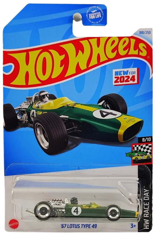 Hot Wheels 2024 - Collector # 188/250 - HW Race Day 8/10 - '67 Lotus Type 49 - Dark Green  / #5 / Yellow Stripe / Gray Driver - USA Card
