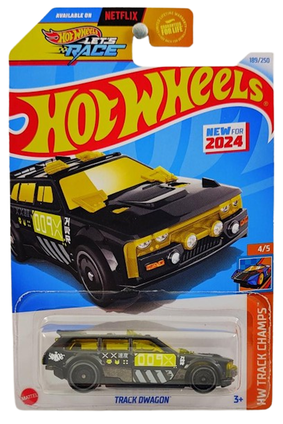 Hot Wheels 2024 - Collector # 189/250 - HW Track Champs 4/5 - New Models - Track Dwagon - Matte Black / #009X - Yellow Windows - USA 'Let's Race Card