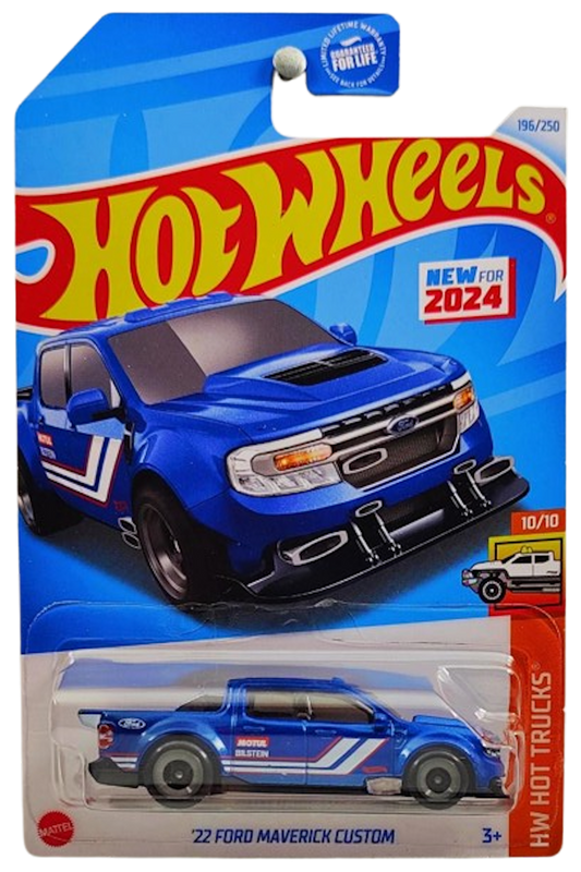 Hot Wheels 2024 - Collector # 196/250 - HW Hot Trucks 10/10 - New Models - '22 Ford Maverick Custom - Dark Blue Metalflake - USA 'Let's Race Card