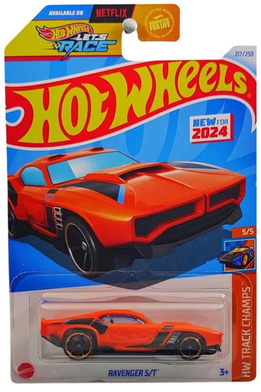 Hot Wheels 2024 - Collector # 217/250 - HW Track Champs 5/5 - New Models - Ravenger S/T - Orange / Black Stripes - USA Card