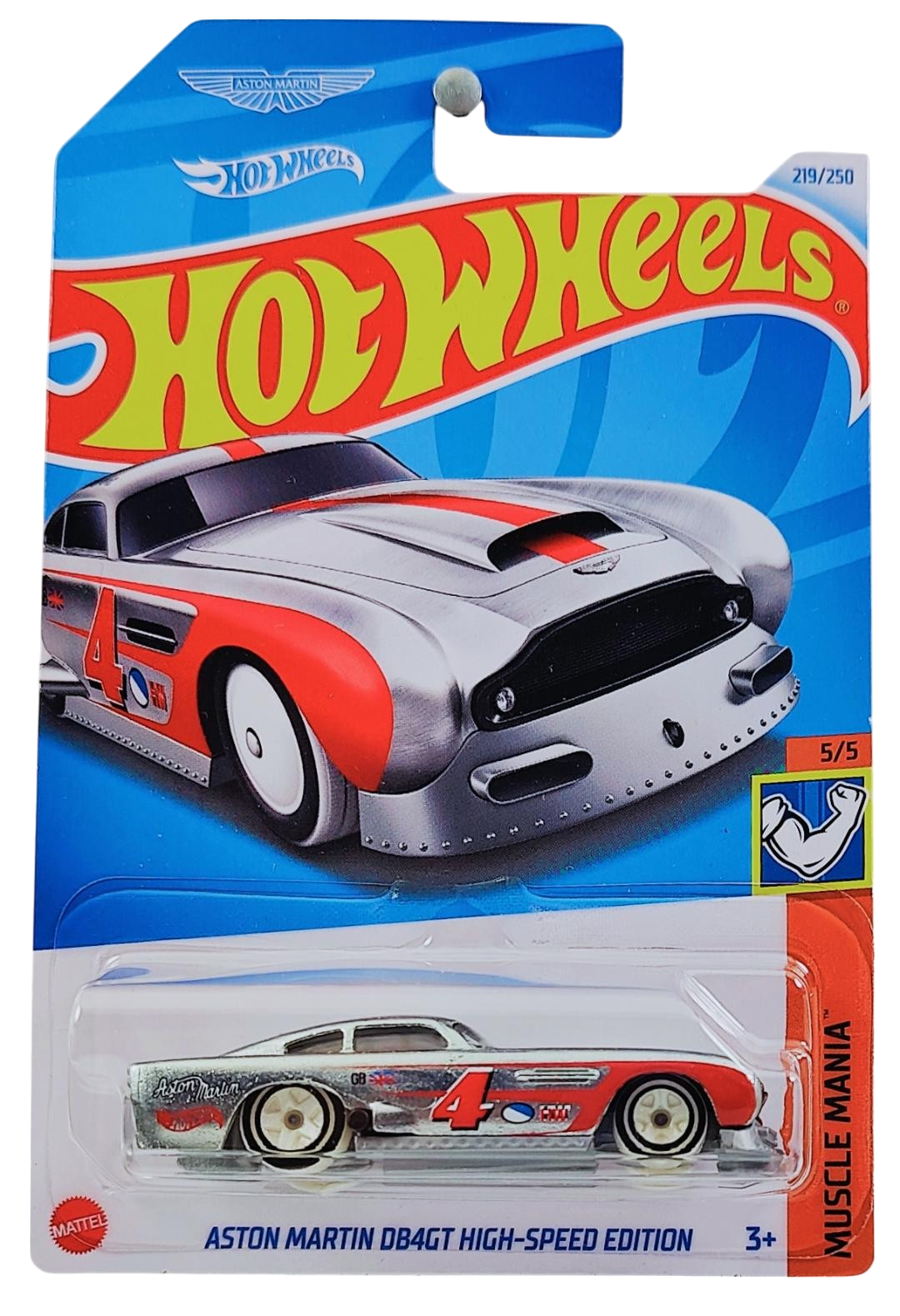 Hot Wheels 2024 - Collector # 219/250 - Muscle Mania - New Models - Aston Martin DB4GT High-Speed Edition - ZAMAC / Red Stripe & Scallops / #4 - International 'Aston Martin' Card