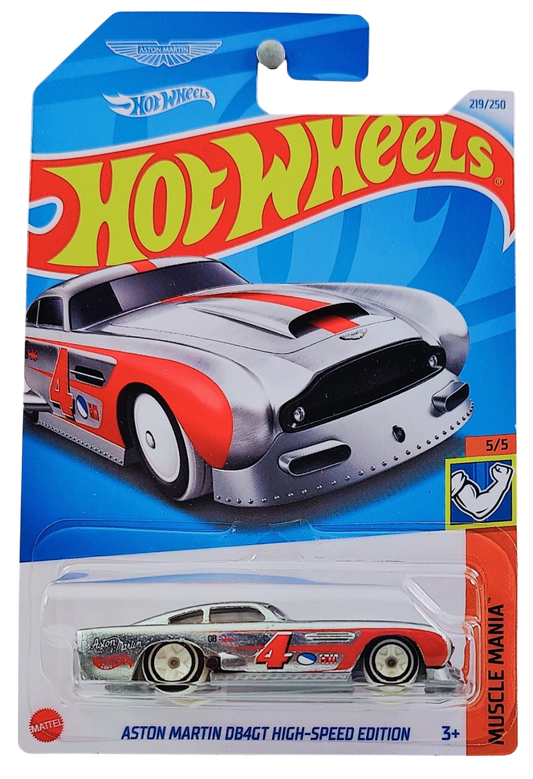 Hot Wheels 2024 - Collector # 219/250 - Muscle Mania - New Models - Aston Martin DB4GT High-Speed Edition - ZAMAC / Red Stripe & Scallops / #4 - International 'Aston Martin' Card