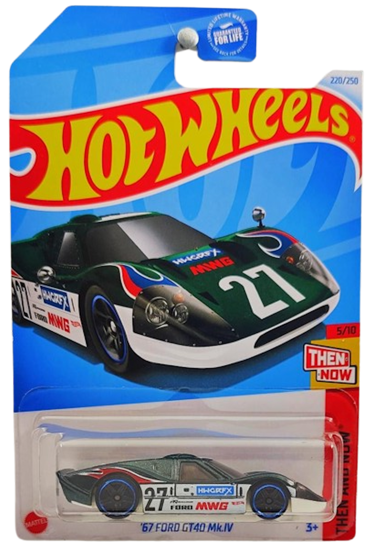 Hot Wheels 2024 - Collector # 220/250 - Then and Now 5/10 - '67 Ford GT40 Mk.IV - Metalflake Dark Green / #27 / Various Racing Decals - USA Card