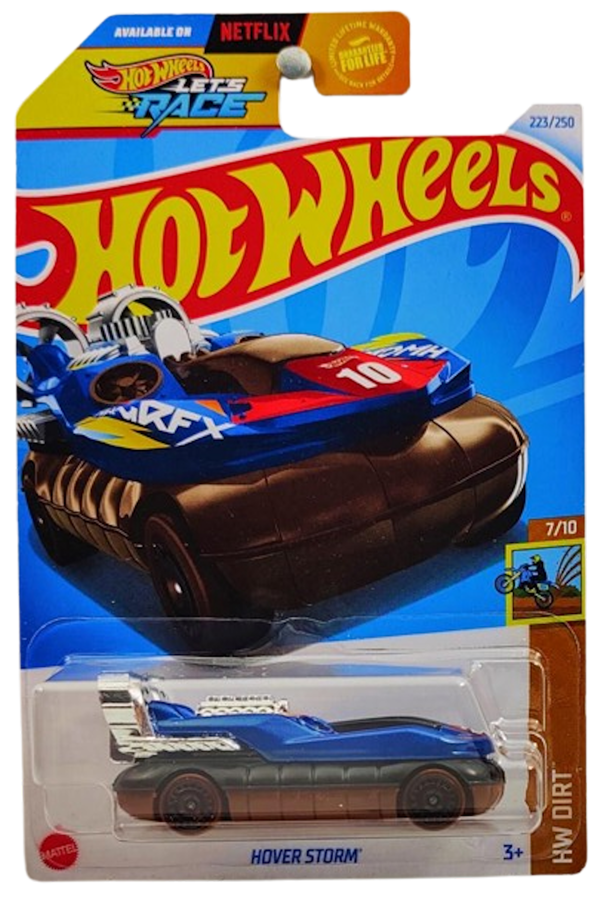 Hot Wheels 2024 - Collector # 223/250 - HW Dirt 7/10 - Hover Storm - Dark Blue Metalflake - USA 'Let's Race' Card