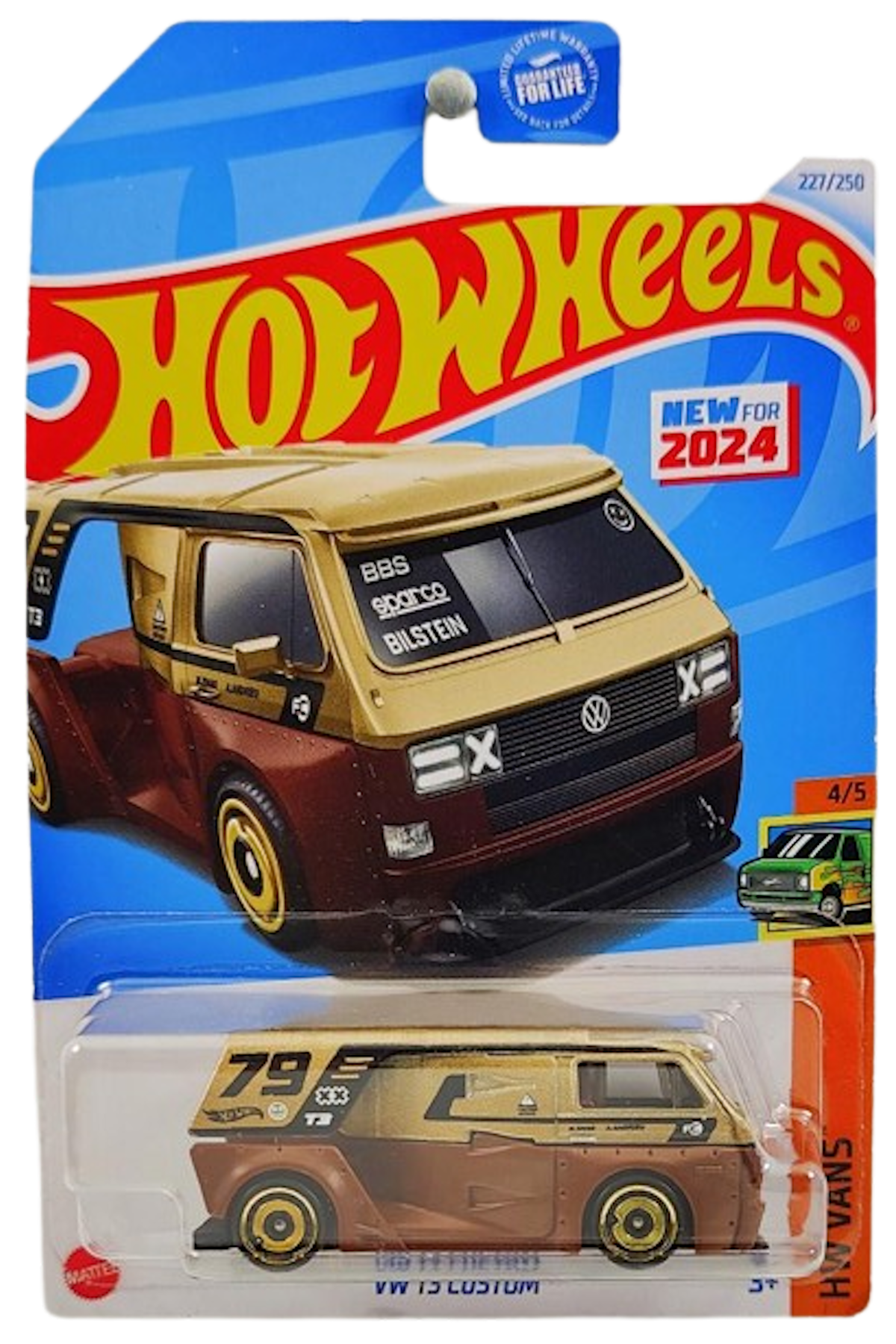 Hot Wheels 2024 - Collector # 227/250 - HW Vans 4/5 - New Models - VW T3 Custom - Gold over Brown / #79 / Various Racing Decals- USA Card