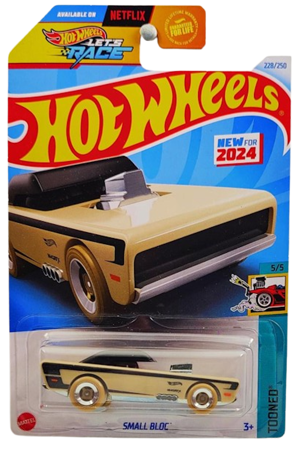 Hot Wheels 2024 - Collector # 228/250 - Tooned 5/5 - New Models - Small Bloc - Tan / Black Roof & Stripes - USA 'Let's Race' Card