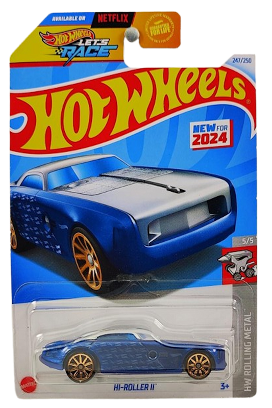 Hot Wheels 2024 - Collector # 247/250 - HW Rolling Metal 5/5 - New Models - Hi-Roller II - Blue & Chrome - USA Card