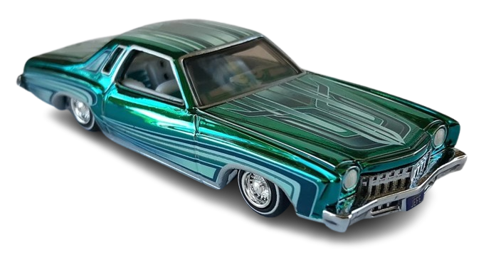 Hot Wheels 2024 - HWC/RLC Exclusive - 1975 Chevrolet Monte Carlo (Lowrider) - Spectraflame Teal - Metal/Metal - Real Riders - Adjustable/Posable Suspension - Acrylic Display Case