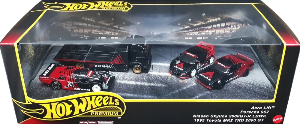 Hot Wheels 2025 - Premium Collector Set / Diorama / ADVAN - Aero Lift, Porsche 962, Nissan Skyline 2000GT-R LBWK & 1995 Toyota MR2 TRD 2000 GT - Black Vehicles with ADVAN Graphics - Metal/Metal & Real Riders - Display Box