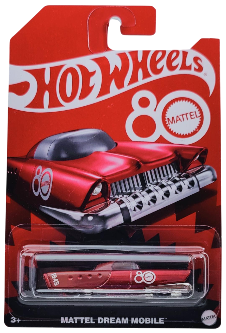 Hot Wheels 2025 - Mattel 80th Anniversary - Mattel Dream Mobile - Polished Metalflake Ruby Red with 80th Anniversary Logo - 80th Anniversary Logo Card