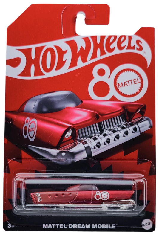 Hot Wheels 2025 - Mattel 80th Anniversary - Mattel Dream Mobile - Polished Metalflake Ruby Red with 80th Anniversary Logo - 80th Anniversary Logo Card