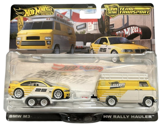 Hot Wheels 2025 - Premium / Car Culture / Team Transport / Legends Tour - BMW M3 & HW Rally Hauler - Yellow & White - Metal/Metal & Real Riders - Walmart & Legends Tour Exclusive - MPN JFM93