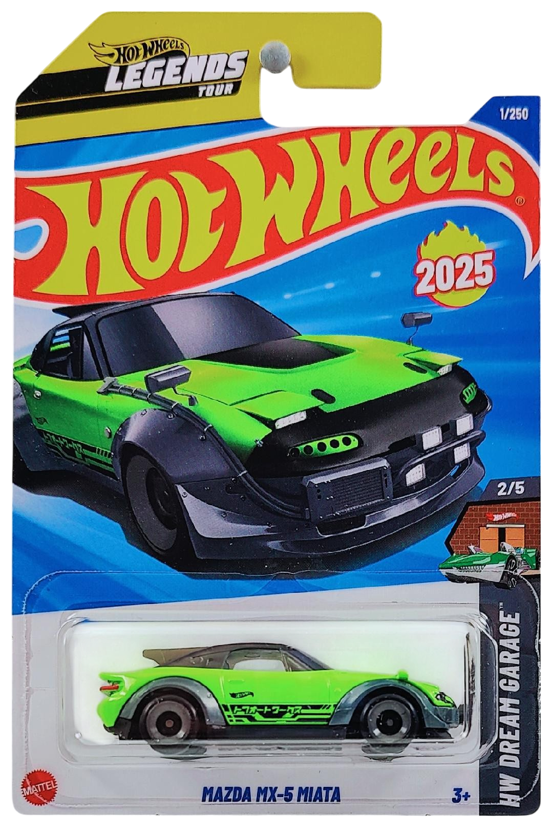 Hot Wheels 2025 - Collector # 001/250 - My Dream Garage 2/5 / New Models / Legends Winner - Mazda MX-5 Miata - Lime Green - International 'Legends' Card